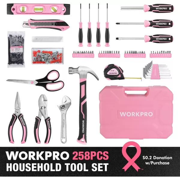 WORKPRO Pink Tool Box 258PCS Pink Tool Kit for Home Complete Household Tool Set with Pink Hammer Screwdriver Set Portable Toolkit for Home Repair New Apartment HouseWarming DIY  Pink RibbonWORKPRO Pink Tool Box 258PCS Pink Tool Kit for Home Complete Household Tool Set with Pink Hammer Screwdriver Set Portable Toolkit for Home Repair New Apartment HouseWarming DIY  Pink Ribbon