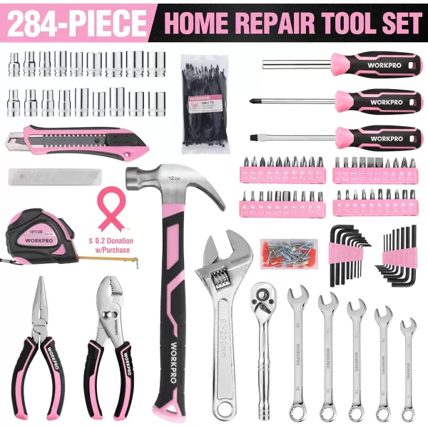WORKPRO Pink Tool Box 284PCS Pink Household Tool Set Pink Tool Kit for Home with Sockets Pliers Ratchet Handle Portable Toolkit for Home Repair New Apartment HouseWarming DIY  Pink RibbonWORKPRO Pink Tool Box 284PCS Pink Household Tool Set Pink Tool Kit for Home with Sockets Pliers Ratchet Handle Portable Toolkit for Home Repair New Apartment HouseWarming DIY  Pink Ribbon
