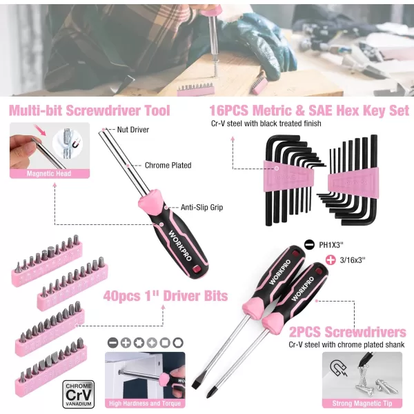 WORKPRO Pink Tool Box 284PCS Pink Household Tool Set Pink Tool Kit for Home with Sockets Pliers Ratchet Handle Portable Toolkit for Home Repair New Apartment HouseWarming DIY  Pink RibbonWORKPRO Pink Tool Box 284PCS Pink Household Tool Set Pink Tool Kit for Home with Sockets Pliers Ratchet Handle Portable Toolkit for Home Repair New Apartment HouseWarming DIY  Pink Ribbon