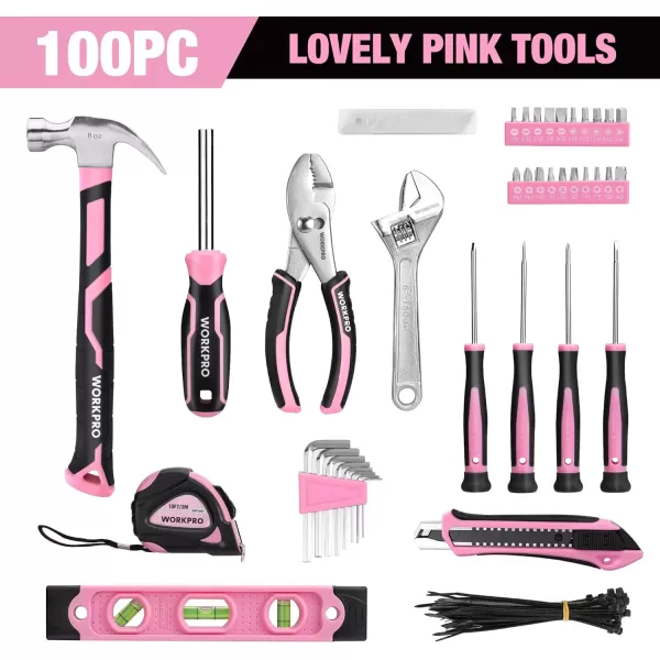 WORKPRO Pink Tool Set  100 Piece Pink Tool Kit with Easy Carrying Pouch Household Tool Kit for Home Apartment Office College Perfect for DIY Projects Home Maintenance  Pink RibbonPink