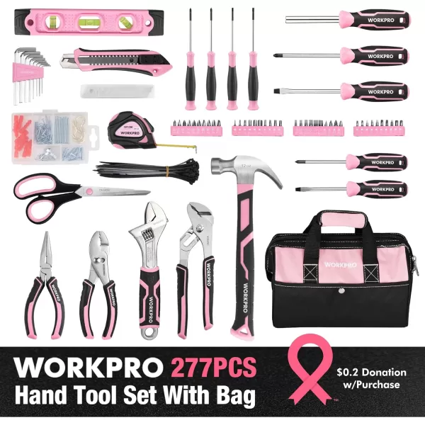 WORKPRO Pink Tool Set 277 PCS Apartment Essentials Hand Tool Bag Set with 13Inch Wide Mouth Open Storage Bag Portable Home Tool Kit Including Hammer Screwdriver and Household Tools  Pink RibbonWORKPRO Pink Tool Set 277 PCS Apartment Essentials Hand Tool Bag Set with 13Inch Wide Mouth Open Storage Bag Portable Home Tool Kit Including Hammer Screwdriver and Household Tools  Pink Ribbon