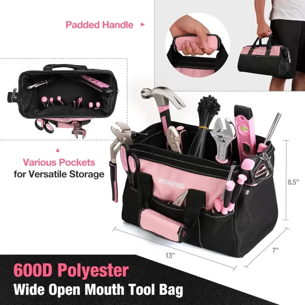 WORKPRO Pink Tool Set 277 PCS Apartment Essentials Hand Tool Bag Set with 13Inch Wide Mouth Open Storage Bag Portable Home Tool Kit Including Hammer Screwdriver and Household Tools  Pink RibbonWORKPRO Pink Tool Set 277 PCS Apartment Essentials Hand Tool Bag Set with 13Inch Wide Mouth Open Storage Bag Portable Home Tool Kit Including Hammer Screwdriver and Household Tools  Pink Ribbon