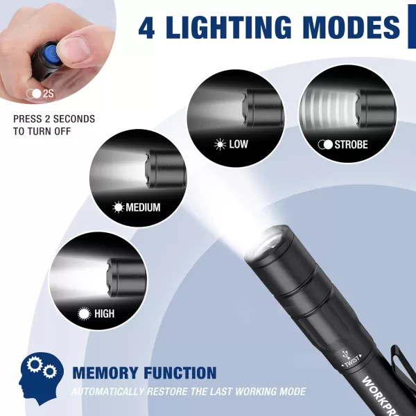 WORKPRO Rechargeable Pen Light Mini Flashlight 2 Pack UltraCompact EDC Flashlight Pocket Flashlight with Clip Memory Function and 2 x USB C Cable Included BlackBlack