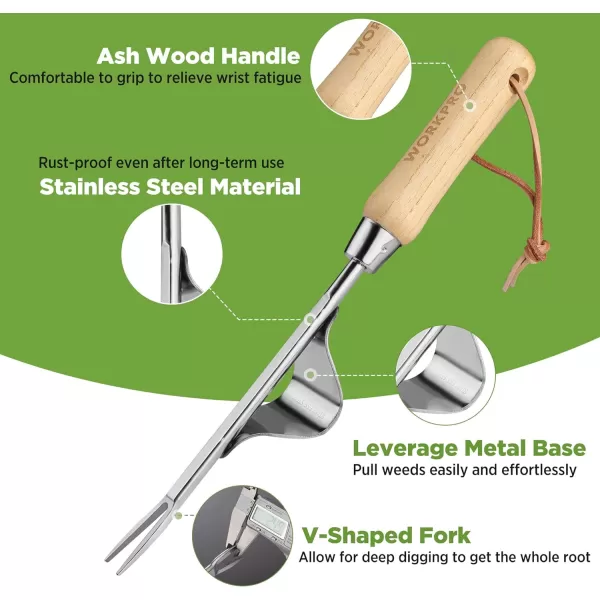 WORKPRO Weed Puller Tool Metal Leverage Base and VShaped Forks for Easy Weed Removal amp Deeper Root Digging Heavy Duty Stainless Steel with Wood Handle Manual Hand Weeder for Gardening13 Hand Weeder