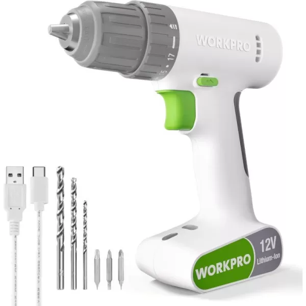 WORKPRO 12V Cordless Drill Driver Set Electric Power Drill Tool Kit with 6 Pcs Bits 38Inch Keyless Chuck Variable Speed 18 Touque Setting TypeC Charge Cable Led Light WhiteWhite