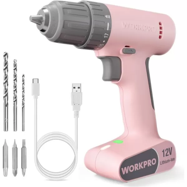 WORKPRO 12V Cordless Drill Driver Set Electric Power Drill Tool Kit with 6 Pcs Bits 38Inch Keyless Chuck Variable Speed 18 Touque Setting TypeC Charge Cable Led Light WhitePink