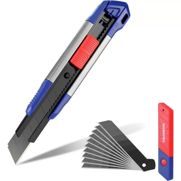 WORKPRO 18mm Retractable Utility Knife Heavy Duty Aluminum Alloy Snapoff Box Cutter with 10PC SK5 Steel Sharp Blades for Cartons Cardboard and Boxes Perfect for Office and Home UseWORKPRO 18mm Retractable Utility Knife Heavy Duty Aluminum Alloy Snapoff Box Cutter with 10PC SK5 Steel Sharp Blades for Cartons Cardboard and Boxes Perfect for Office and Home Use