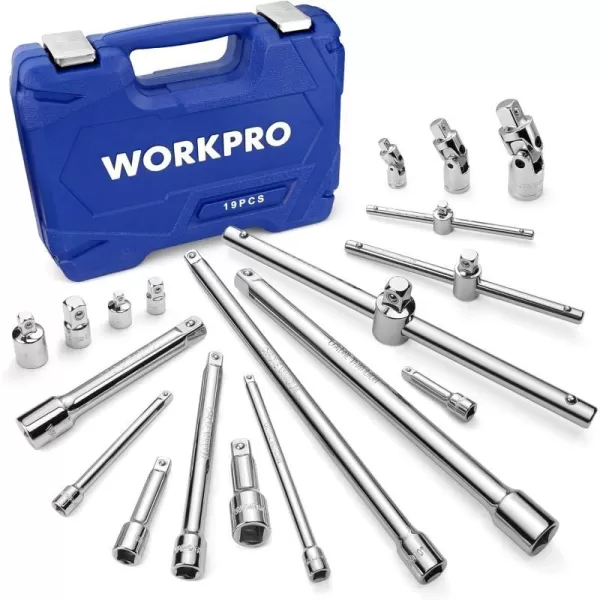 WORKPRO 19Piece Drive Tool Accessory Set Includes Socket Adapters Extensions Set Universal Joints and Sliding Bar Thandle Wrench 14 38 amp 12 Drive Chrome Vanadium Steel with Mirror FinishWORKPRO 19Piece Drive Tool Accessory Set Includes Socket Adapters Extensions Set Universal Joints and Sliding Bar Thandle Wrench 14 38 amp 12 Drive Chrome Vanadium Steel with Mirror Finish