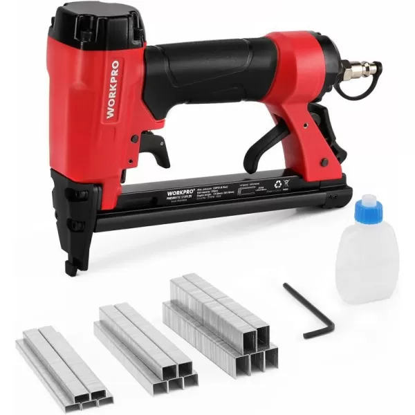 WORKPRO 8016 Pneumatic Staple Gun 21 Gauge Upholstery Stapler with 1500pcs Staples 14to 58 AirPowered Rear Exhaust for Carpentry Woodworking and DIY Projects20G PT50