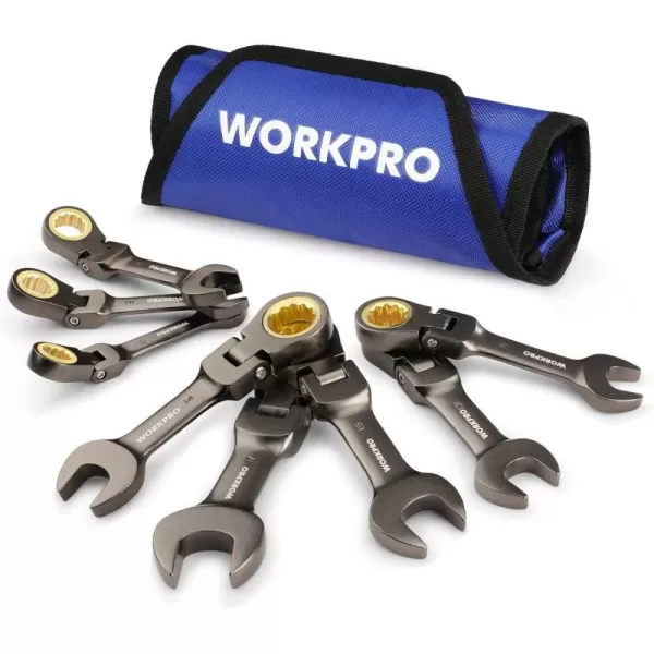 WORKPRO 8Piece FlexHead Stubby Ratcheting Combination Wrench Set SAE 51634 in 72Teeth CRV Nickel Plating with Rolling PouchMetric