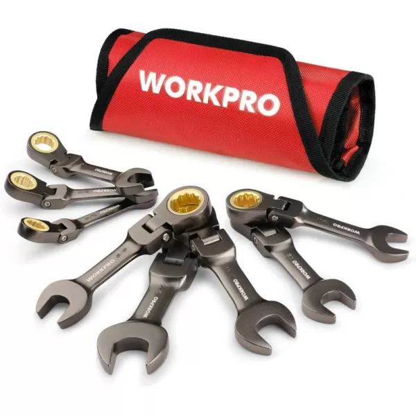 WORKPRO 8Piece FlexHead Stubby Ratcheting Combination Wrench Set SAE 51634 in 72Teeth CRV Nickel Plating with Rolling PouchSAE