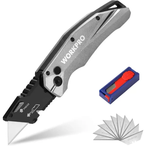 WORKPRO FoldingnbspUtility Knife Heavy Duty Metal Quick Open Axis Lock Box Cutter Quick Change Blade Razor Knife 1PC with 10 Extra SK5 BladesSilver