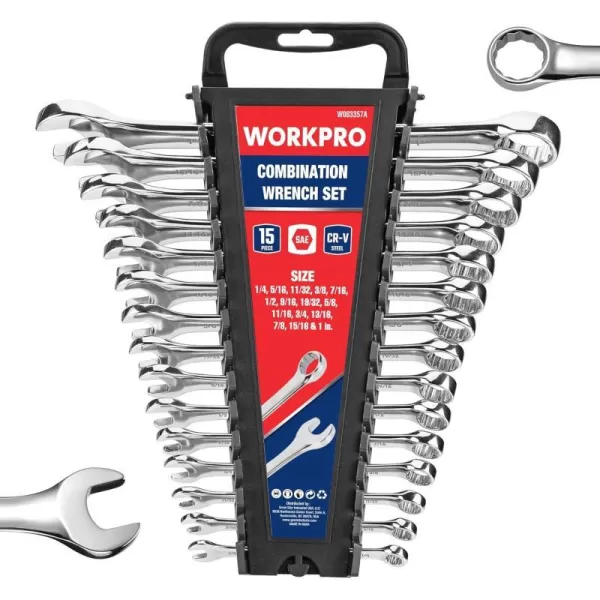 WORKPRO Metric Combination Wrench Set CRV Steel 15PCS Complete Sizes from 8 to 25mm with Rack Organizer Open End and 12Point Box End Mechanic Wrenches Mirror Chrome FinishSAE