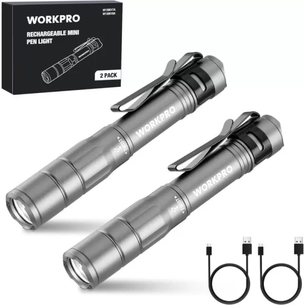 WORKPRO Rechargeable Pen Light Mini Flashlight 2 Pack UltraCompact EDC Flashlight Pocket Flashlight with Clip Memory Function and 2 x USB C Cable Included BlackGray