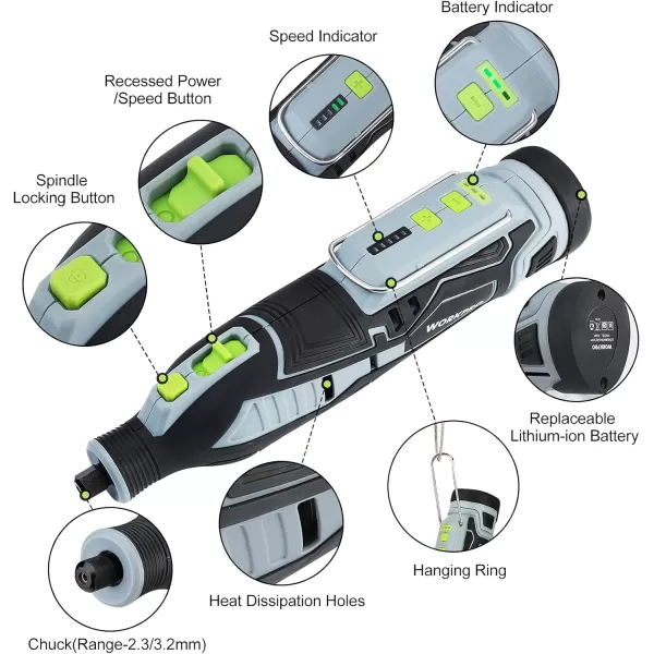 WORKPRO 12V Cordless Rotary Tool Kit 5 Variable Speeds Powerful Engraver Sander Polisher 114 Easy Change Accessories Craft Tool for Handmade and DIYGrey