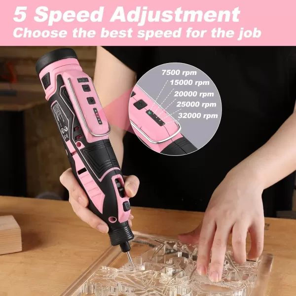 WORKPRO 12V Cordless Rotary Tool Kit 5 Variable Speeds Powerful Engraver Sander Polisher 114 Easy Change Accessories Craft Tool for Handmade and DIYPink