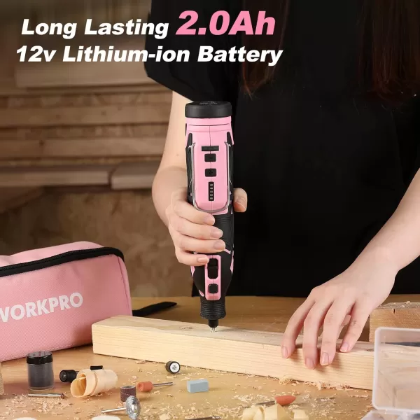 WORKPRO 12V Cordless Rotary Tool Kit 5 Variable Speeds Powerful Engraver Sander Polisher 114 Easy Change Accessories Craft Tool for Handmade and DIYPink