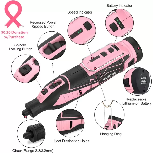 WORKPRO 12V Cordless Rotary Tool Kit 5 Variable Speeds Powerful Engraver Sander Polisher 114 Easy Change Accessories Craft Tool for Handmade and DIYPink