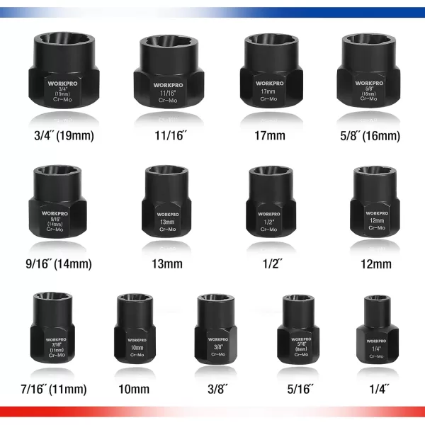 WORKPRO 15 Pieces Impact Bolt amp Nut Remover Set 38 Drive Bolt Extractor for Removing Stripped Damaged Rounded off and Rusted Bolts amp NutsWORKPRO 15 Pieces Impact Bolt amp Nut Remover Set 38 Drive Bolt Extractor for Removing Stripped Damaged Rounded off and Rusted Bolts amp Nuts