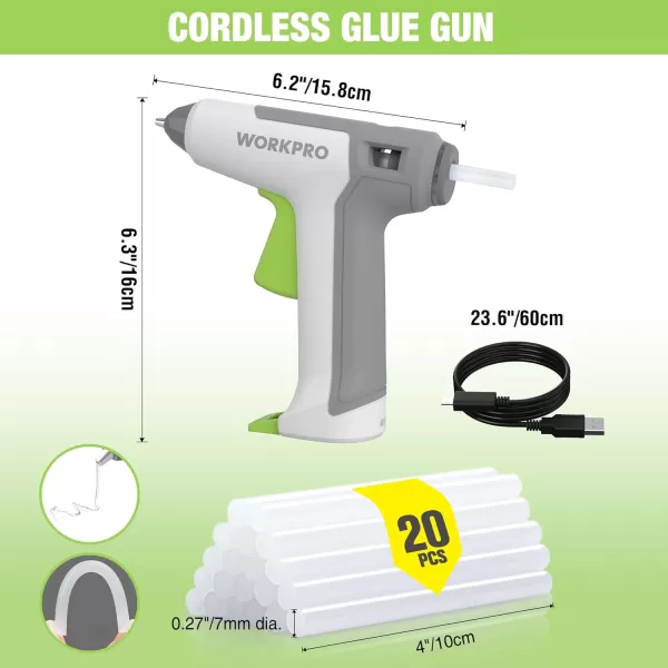 WORKPRO 36V Cordless Hot Glue Gun Energy Saving Rechargeable Fast Heating Glue Gun Kit with 20 Pcs Glue Sticks Ultra Light AutomaticSafetyPowerOff Glue Gun for Decoration ArtWhite