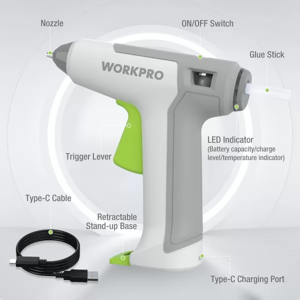 WORKPRO 36V Cordless Hot Glue Gun Energy Saving Rechargeable Fast Heating Glue Gun Kit with 20 Pcs Glue Sticks Ultra Light AutomaticSafetyPowerOff Glue Gun for Decoration ArtWhite