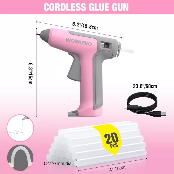 WORKPRO 36V Cordless Hot Glue Gun Energy Saving Rechargeable Fast Heating Glue Gun Kit with 20 Pcs Glue Sticks Ultra Light AutomaticSafetyPowerOff Glue Gun for Decoration ArtPink