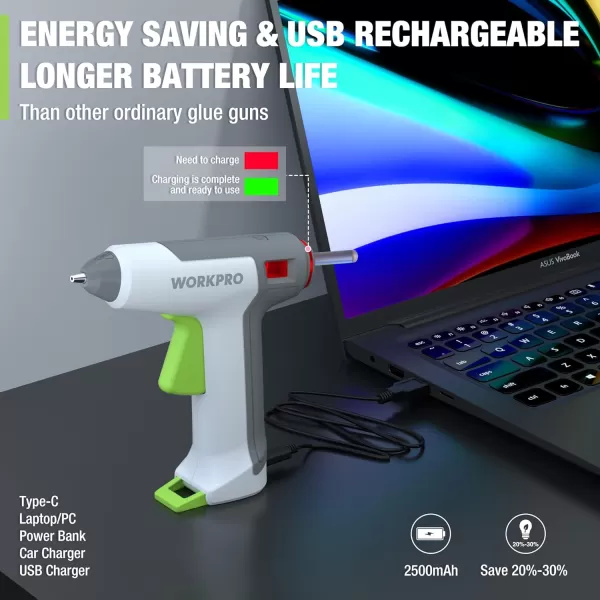 WORKPRO 36V Cordless Hot Glue Gun Energy Saving Rechargeable Fast Heating Glue Gun Kit with 20 Pcs Glue Sticks Ultra Light AutomaticSafetyPowerOff Glue Gun for Decoration ArtWhite