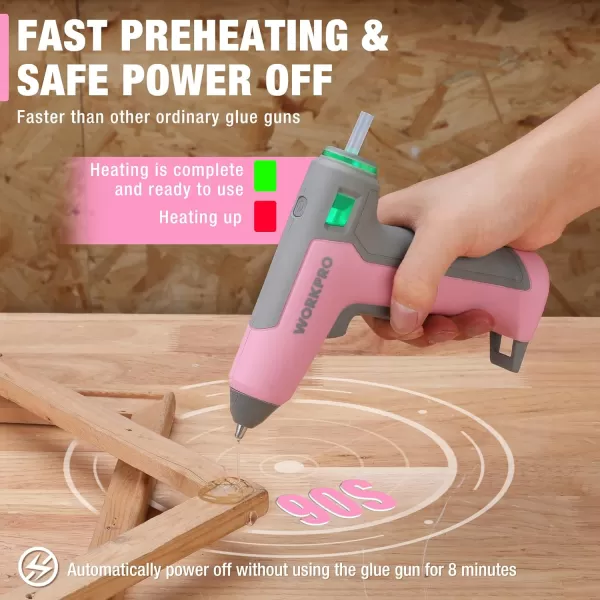 WORKPRO 36V Cordless Hot Glue Gun Energy Saving Rechargeable Fast Heating Glue Gun Kit with 20 Pcs Glue Sticks Ultra Light AutomaticSafetyPowerOff Glue Gun for Decoration ArtPink