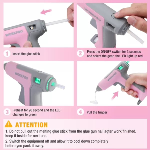WORKPRO 36V Cordless Hot Glue Gun Energy Saving Rechargeable Fast Heating Glue Gun Kit with 20 Pcs Glue Sticks Ultra Light AutomaticSafetyPowerOff Glue Gun for Decoration ArtPink