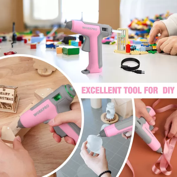 WORKPRO 36V Cordless Hot Glue Gun Energy Saving Rechargeable Fast Heating Glue Gun Kit with 20 Pcs Glue Sticks Ultra Light AutomaticSafetyPowerOff Glue Gun for Decoration ArtPink