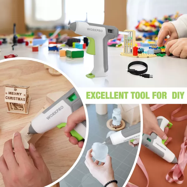 WORKPRO 36V Cordless Hot Glue Gun Energy Saving Rechargeable Fast Heating Glue Gun Kit with 20 Pcs Glue Sticks Ultra Light AutomaticSafetyPowerOff Glue Gun for Decoration ArtWhite