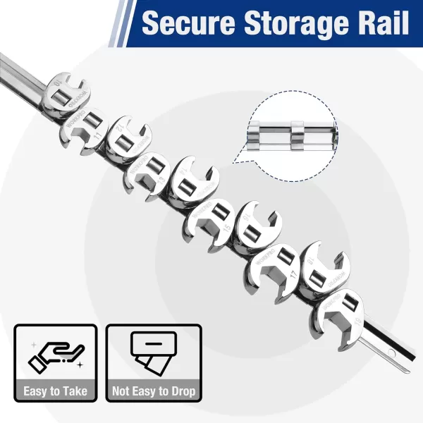 WORKPRO 38 Drive Flare Nut Wrench Set 10piece Crowfoot Flare Nut Tool Kit SAE 381in Steel Wrench With Storage Rail for Nut RemovalFlare nut Metric