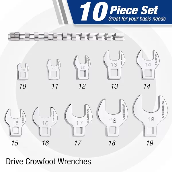 WORKPRO 38 Drive Flare Nut Wrench Set 10piece Crowfoot Flare Nut Tool Kit SAE 381in Steel Wrench With Storage Rail for Nut RemovalRegular Metric
