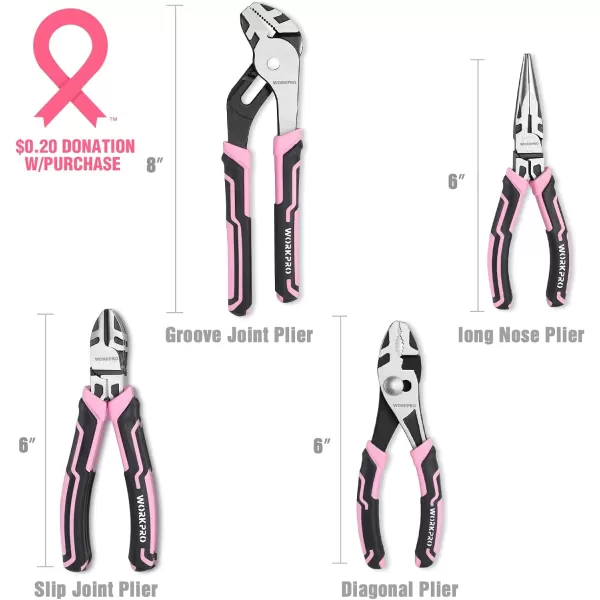 WORKPRO 4Piece Pliers Set Premium CRV Construction Pliers Tool Sets Including Long Nose Diagonal Cutting Groove Joint and Slip Joint Pliers  Pink RibbonPink