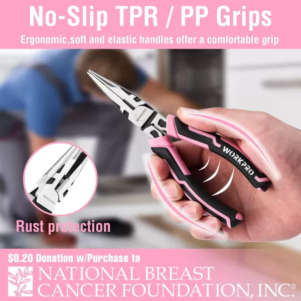 WORKPRO 4Piece Pliers Set Premium CRV Construction Pliers Tool Sets Including Long Nose Diagonal Cutting Groove Joint and Slip Joint Pliers  Pink RibbonPink