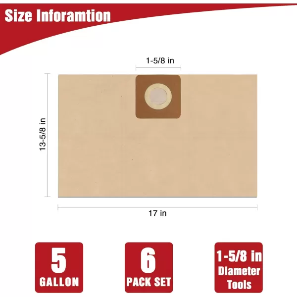 WORKPRO 5 Gallon Dust Collection Bag for W125089AE 5 Gallon Vacuum Cleaner  6 PackWORKPRO 5 Gallon Dust Collection Bag for W125089AE 5 Gallon Vacuum Cleaner  6 Pack