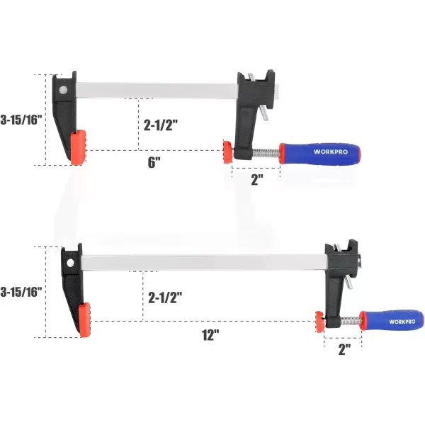 WORKPRO 6Inch amp 12Inch Steel Bar Clamps Set 4pack QuickRelease Clutch Style Bar Clamps with 212 Throat Adjustment Handle and 600 lbs Load Limit F Clamp for Woodworking Metalworking DIY6 inch amp 12 inch