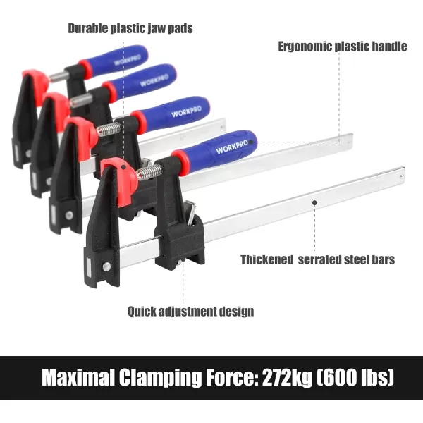WORKPRO 6Inch amp 12Inch Steel Bar Clamps Set 4pack QuickRelease Clutch Style Bar Clamps with 212 Throat Adjustment Handle and 600 lbs Load Limit F Clamp for Woodworking Metalworking DIY6 inch amp 12 inch