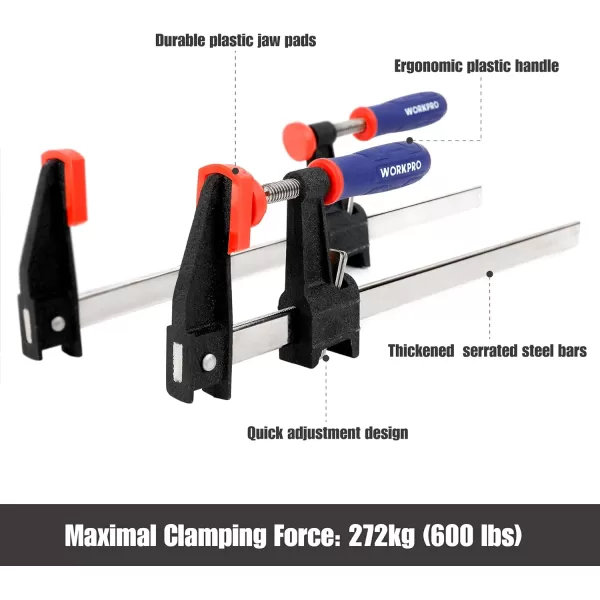 WORKPRO 6Inch amp 12Inch Steel Bar Clamps Set 4pack QuickRelease Clutch Style Bar Clamps with 212 Throat Adjustment Handle and 600 lbs Load Limit F Clamp for Woodworking Metalworking DIY12 inch