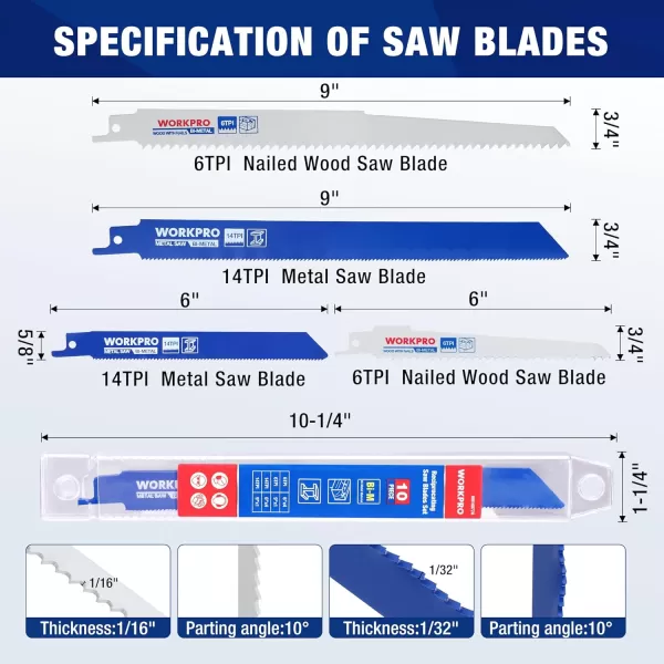 WORKPRO 6Piece Reciprocating Saw Blade Set 6 BIM Saw Blades for MetalWood with Nails Cutting Organizer Case IncludedBiMetal10pcs