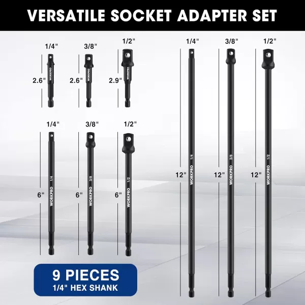 WORKPRO 6Piece Socket Adapter Extension Set 14 38 12Inch Drive 14Inch Hex Shank 26 29 amp 6 Inch Length Impact Grade Extension Bit with Holder for Power Drill amp Impact Driver9Piece
