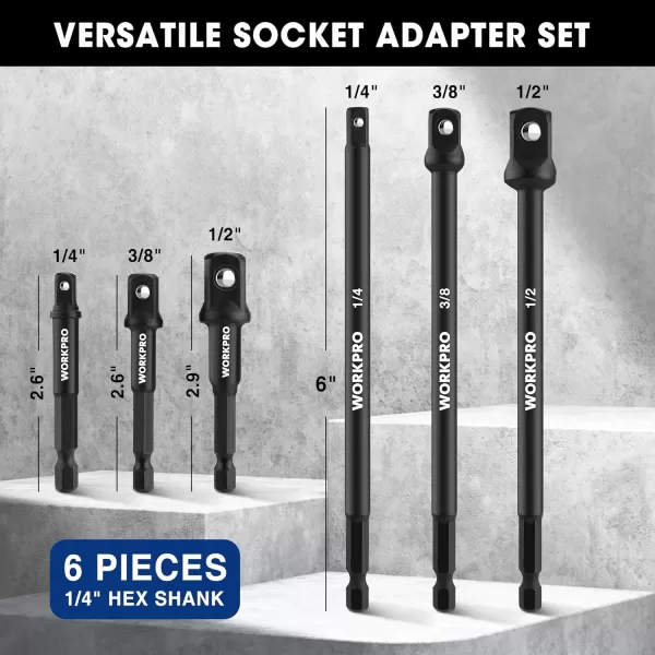 WORKPRO 6Piece Socket Adapter Extension Set 14 38 12Inch Drive 14Inch Hex Shank 26 29 amp 6 Inch Length Impact Grade Extension Bit with Holder for Power Drill amp Impact Driver6Piece