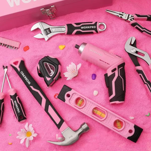 WORKPRO 75Piece Pink Tools Set 37V Rotatable Cordless Screwdriver and Household Tool Kit Basic Tool Set with 13 Portable Steel Tool Box for Home Garage Apartment Dorm New House  Pink RibbonWORKPRO 75Piece Pink Tools Set 37V Rotatable Cordless Screwdriver and Household Tool Kit Basic Tool Set with 13 Portable Steel Tool Box for Home Garage Apartment Dorm New House  Pink Ribbon