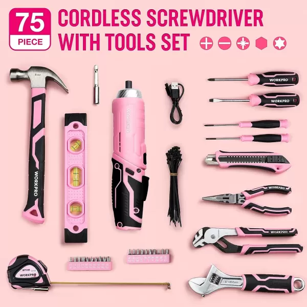 WORKPRO 75Piece Pink Tools Set 37V Rotatable Cordless Screwdriver and Household Tool Kit Basic Tool Set with 13 Portable Steel Tool Box for Home Garage Apartment Dorm New House  Pink RibbonWORKPRO 75Piece Pink Tools Set 37V Rotatable Cordless Screwdriver and Household Tool Kit Basic Tool Set with 13 Portable Steel Tool Box for Home Garage Apartment Dorm New House  Pink Ribbon