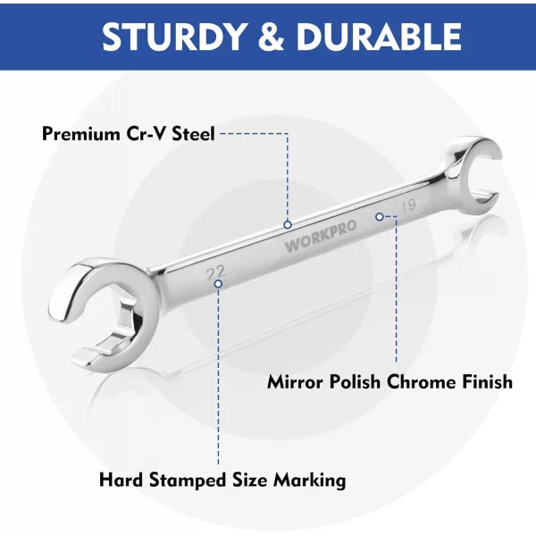 WORKPRO Flare Nut Wrench Set Metric 4piece 10 12 13 14 15 17 19 22mm CrV Steel 15 Offset End Brake Line Wrenches Set Organizer Pouch IncludedWORKPRO Flare Nut Wrench Set Metric 4piece 10 12 13 14 15 17 19 22mm CrV Steel 15 Offset End Brake Line Wrenches Set Organizer Pouch Included