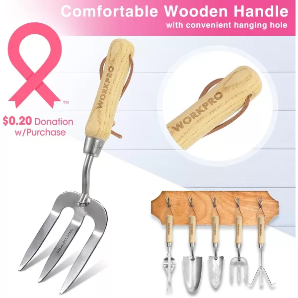 WORKPRO Garden Tools Set 7 Piece Stainless Steel Heavy Duty Gardening Tools with Wooden Handle Including Garden Tote Gloves Trowel Hand Weeder Cultivator and MoreGardening Gifts For Women MenPink