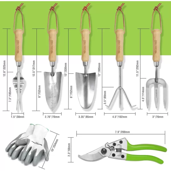 WORKPRO Garden Tools Set 7 Piece Stainless Steel Heavy Duty Gardening Tools with Wooden Handle Including Garden Tote Gloves Trowel Hand Weeder Cultivator and MoreGardening Gifts For Women MenGreen