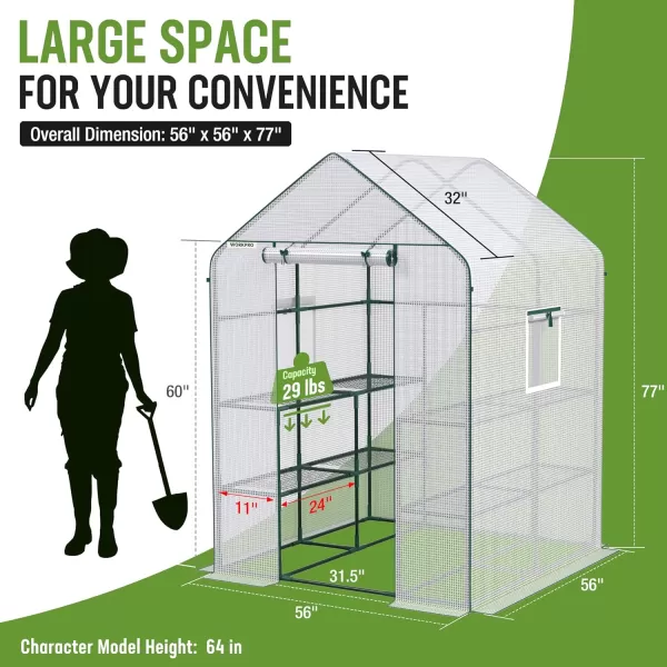 WORKPRO Greenhouse 56 x 56 x 77 Heavy Duty Walk in Greenhouses for Outdoors with Screen Windows Thicken PE Cover 3 Tier 8 Shelves Portable Green House Kit for Patio Backyard and Porch56 L X 56 W X 77 H Walk in Large