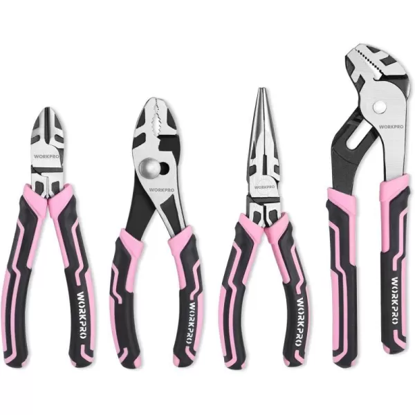 WORKPRO 4Piece Pliers Set Premium CRV Construction Pliers Tool Sets Including Long Nose Diagonal Cutting Groove Joint and Slip Joint Pliers  Pink RibbonPink