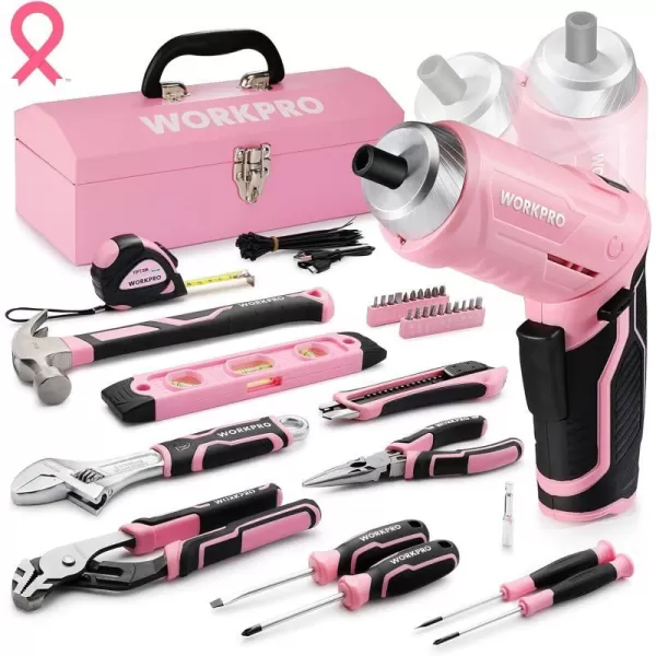 WORKPRO 75Piece Pink Tools Set 37V Rotatable Cordless Screwdriver and Household Tool Kit Basic Tool Set with 13 Portable Steel Tool Box for Home Garage Apartment Dorm New House  Pink RibbonWORKPRO 75Piece Pink Tools Set 37V Rotatable Cordless Screwdriver and Household Tool Kit Basic Tool Set with 13 Portable Steel Tool Box for Home Garage Apartment Dorm New House  Pink Ribbon